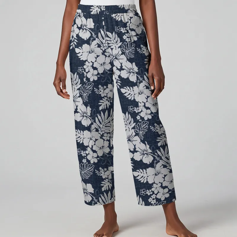 Women Casual Ankle Pants Lounge Elastic Waist with Pockets 93% Lyocell, 7% Linen Blue Aloha Summer Whispers - Hawaiian-inspired Artistic Shirt sold by Yiume
