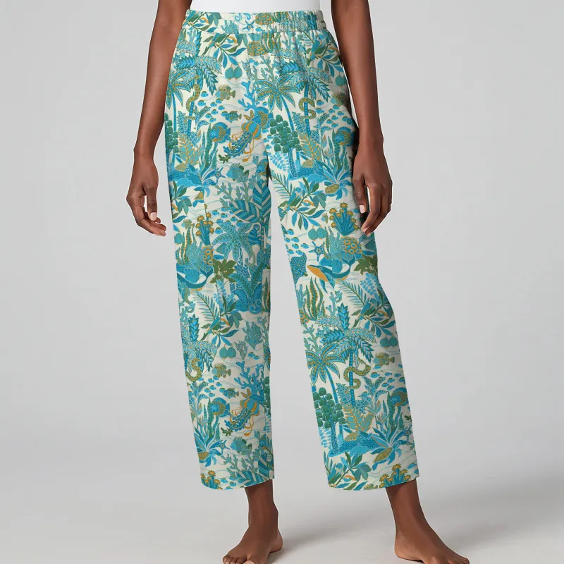 Women Casual Ankle Pants Lounge Elastic Waist with Pockets 93% Lyocell, 7% Linen Blue Aloha Fantasy Paradise sold by Yiume