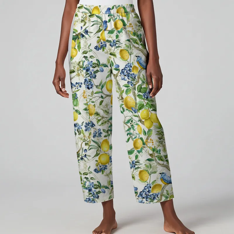 Women Casual Ankle Pants Lounge Elastic Waist with Pockets 93% Lyocell, 7% Linen White Aloha Sicilian Lemon Tree Fantasy sold by Yiume