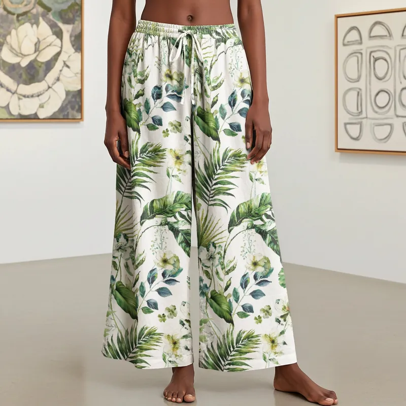 Women Casual Floral Wide Leg Pants Lounge Elastic Waist Drawstring with Pockets 93% Lyocell, 7% Linen Green Aloha Fresh Rainforest Flowers sold by Yiume