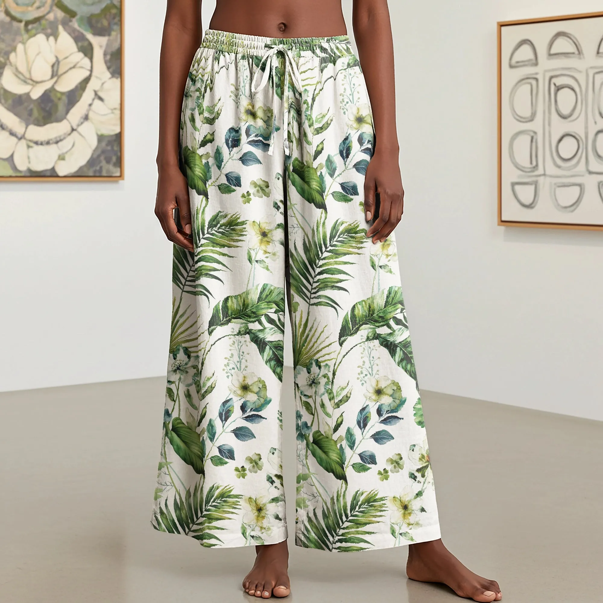 Women Casual Floral Wide Leg Pants Lounge Elastic Waist Drawstring with Pockets 93% Lyocell, 7% Linen Green Aloha Fresh Rainforest Flowers sold by Yiume