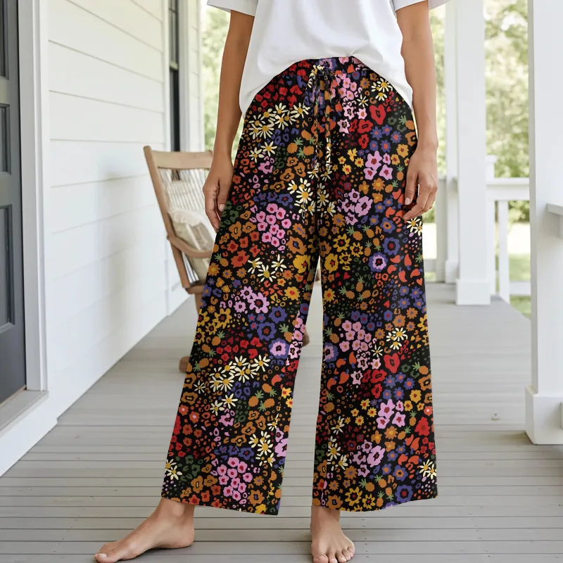 Women Casual Floral Wide Leg Pants Lounge Elastic Waist Drawstring with Pockets 93% Lyocell, 7% Linen Black Aloha Midnight Blossoms sold by Yiume