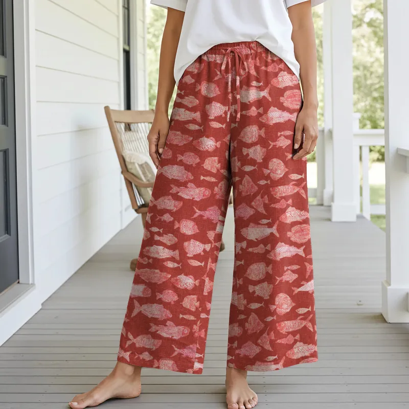 Women Casual Floral Wide Leg Pants Lounge Elastic Waist Drawstring with Pockets 93% Lyocell, 7% Linen Red Aloha Red Fish Reverie sold by Yiume