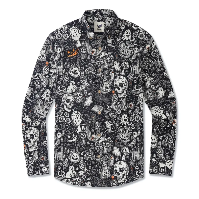 Men's Hawaiian Shirt Long Sleeve Button-down 100% Cotton Black Aloha Halloween Bash sold by Yiume
