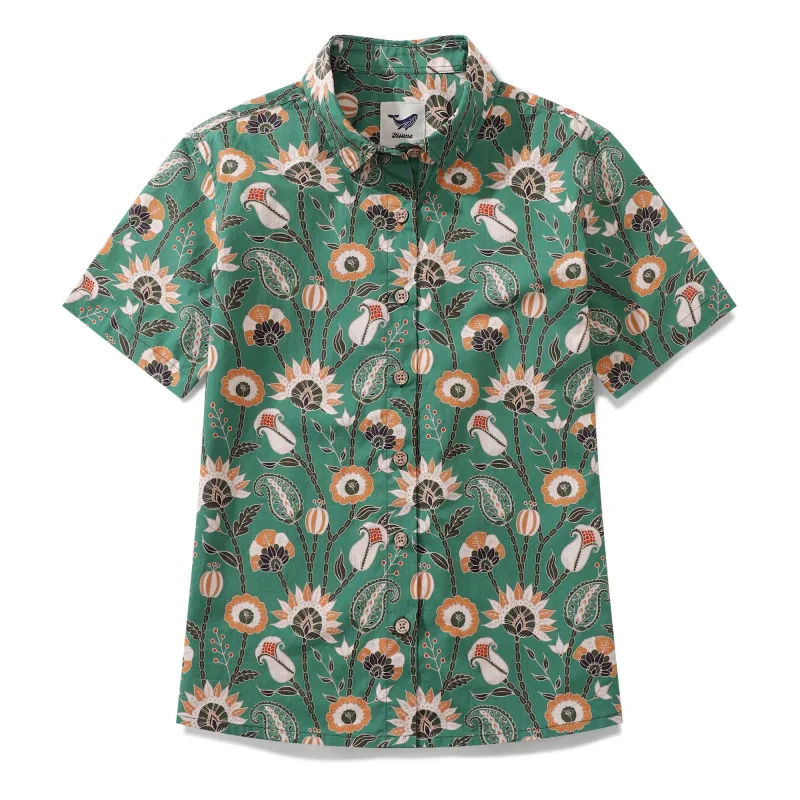 Women's Hawaiian Shirt Julia Madoka Print Cotton Button-up Short Sleeve Oriental Jungle By Julia Madoka sold by Yiume