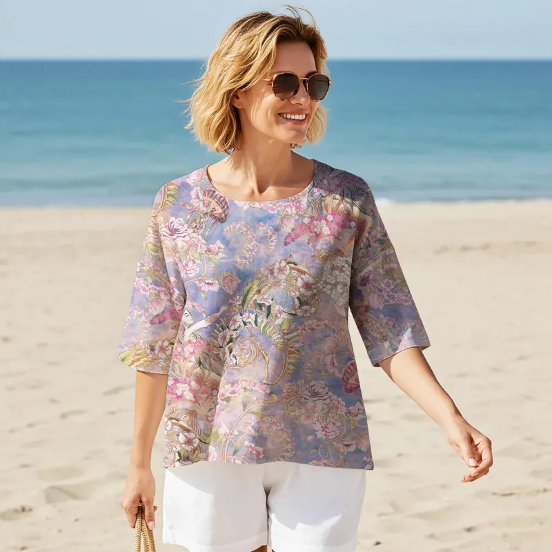 Women Casual Blouse 3/4 Sleeve Round Neck 95% Lyocell, 5% Linen Aloha Enchanted Mossy Realm sold by Yiume