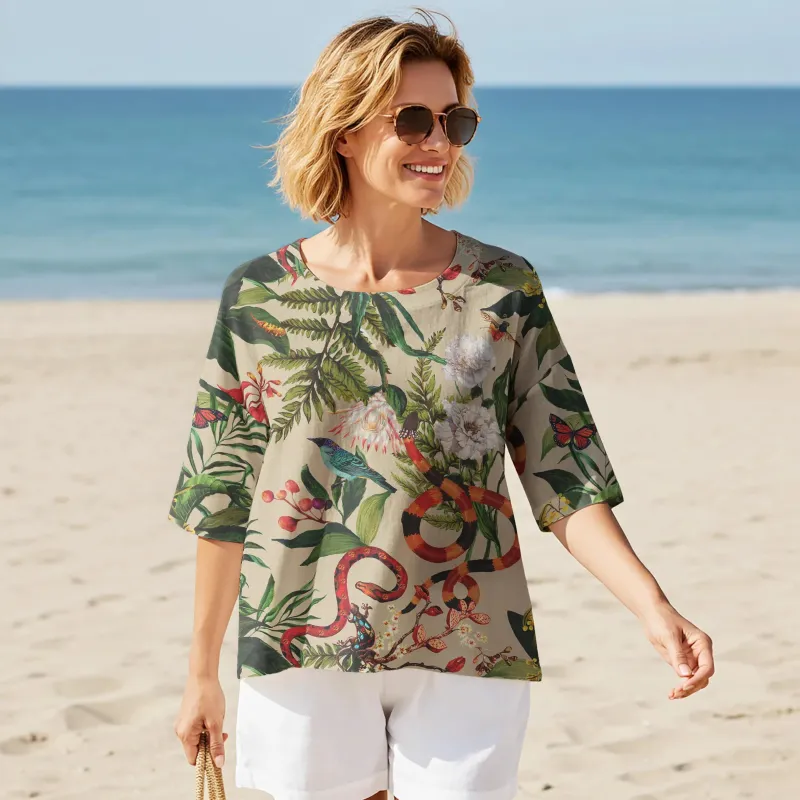 Women Casual Blouse 3/4 Sleeve Round Neck 95% Lyocell, 5% Linen Green Aloha Jungle Rave Fiesta sold by Yiume