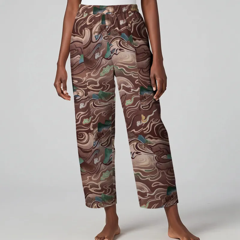 Women Casual Ankle Pants Lounge Elastic Waist with Pockets 93% Lyocell, 7% Linen Brown Aloha Ethereal Clouds And Mountains sold by Yiume