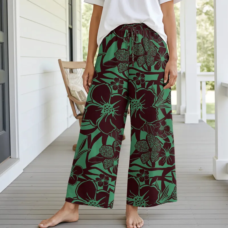 Women Casual Floral Wide Leg Pants Lounge Elastic Waist Drawstring with Pockets 93% Lyocell, 7% Linen Green Aloha Impression Of Tropical Plants sold by Yiume