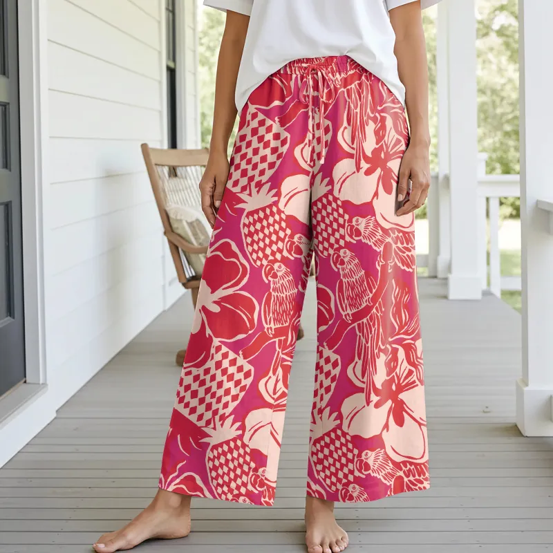 Women Casual Floral Wide Leg Pants Lounge Elastic Waist Drawstring with Pockets 93% Lyocell, 7% Linen Aloha Vibrant Tropical Flowers And Birds sold by Yiume