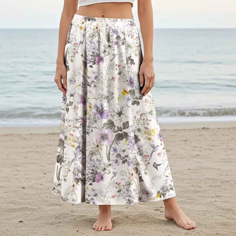 Women Casual Maxi Skirt Long Elastic Waist with Pockets 100% Cotton Purple Aloha Dream Of Soft Purple Flowers sold by Yiume