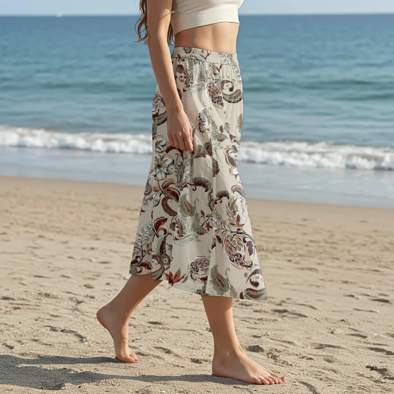 Women Casual Maxi Skirt Long Elastic Waist with Pockets 100% Cotton Green Aloha Classic Paisley Floral Art sold by Yiume