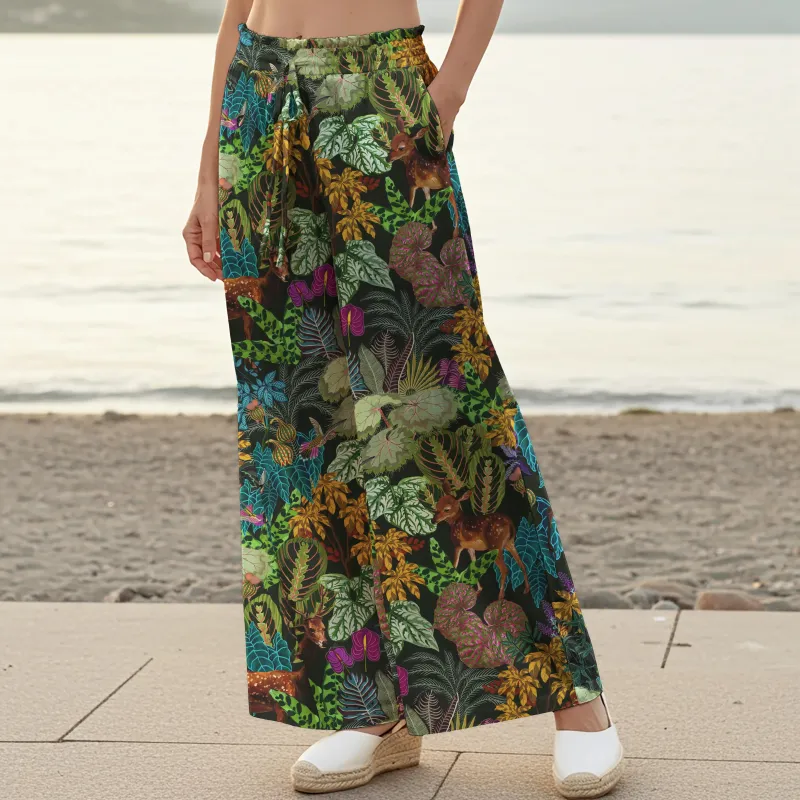 Women Casual Floral Wide Leg Palazzo Pants Lounge Elastic Waist Drawstring with Pockets 100% Cotton Green Aloha Enchanted Forest Deer sold by Yiume