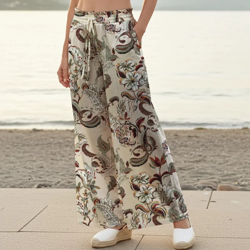 Women Casual Floral Wide Leg Palazzo Pants Lounge Elastic Waist Drawstring with Pockets 100% Cotton Green Aloha Classic Paisley Floral Art sold by Yiume