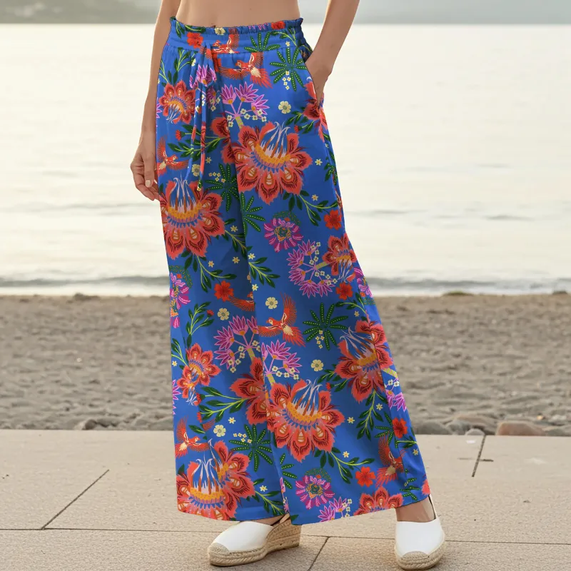 Women Casual Pants Lounge Elastic Waist Drawstring with Pockets 100% Cotton Blue Aloha Vibrant Tropical Garden sold by Yiume