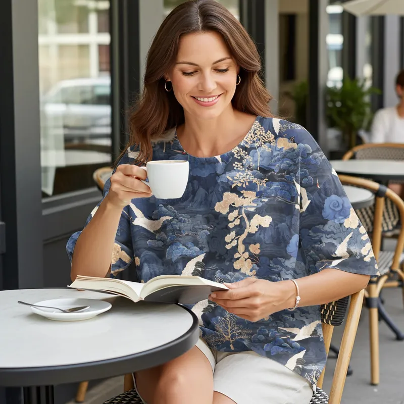 Women Casual Blouse Elbow Sleeve Round Neck Button-Back 95% Lyocell, 5% Linen Blue Aloha Oriental Crane Landscape sold by Yiume