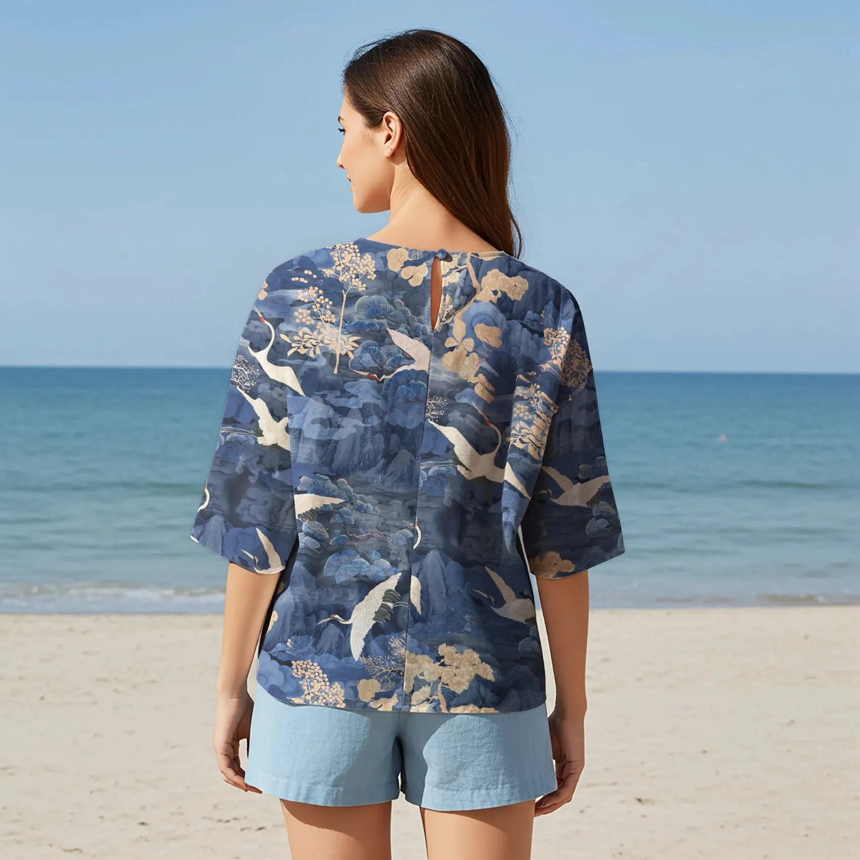 Women Casual Blouse Elbow Sleeve Round Neck Button-Back 95% Lyocell, 5% Linen Blue Aloha Oriental Crane Landscape sold by Yiume product image thumbnail 2