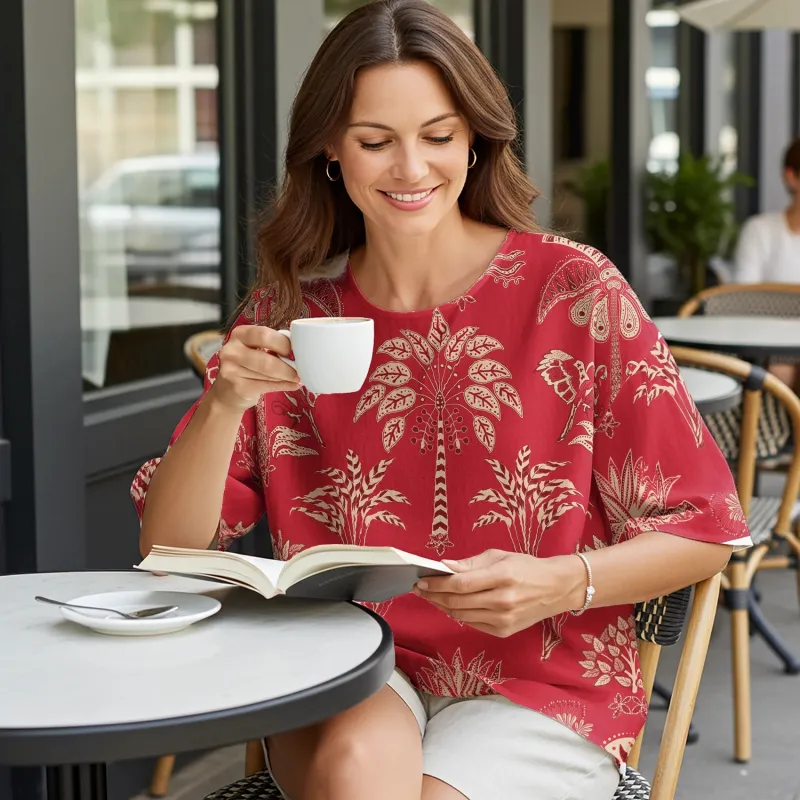 Women Casual Blouse Elbow Sleeve Round Neck Button-Back 95% Lyocell, 5% Linen Red Aloha Retro Tropical Sparkle sold by Yiume