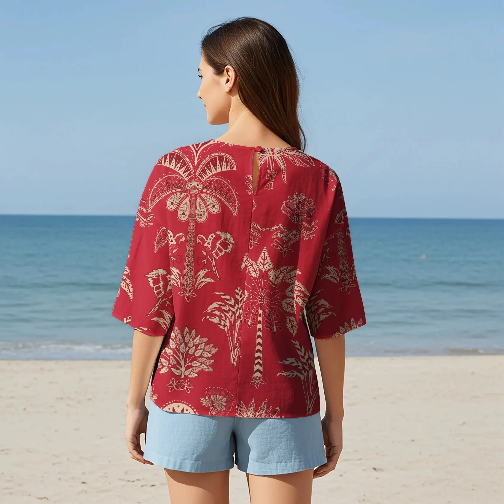 Women Casual Blouse Elbow Sleeve Round Neck Button-Back 95% Lyocell, 5% Linen Red Aloha Retro Tropical Sparkle sold by Yiume product image thumbnail 2