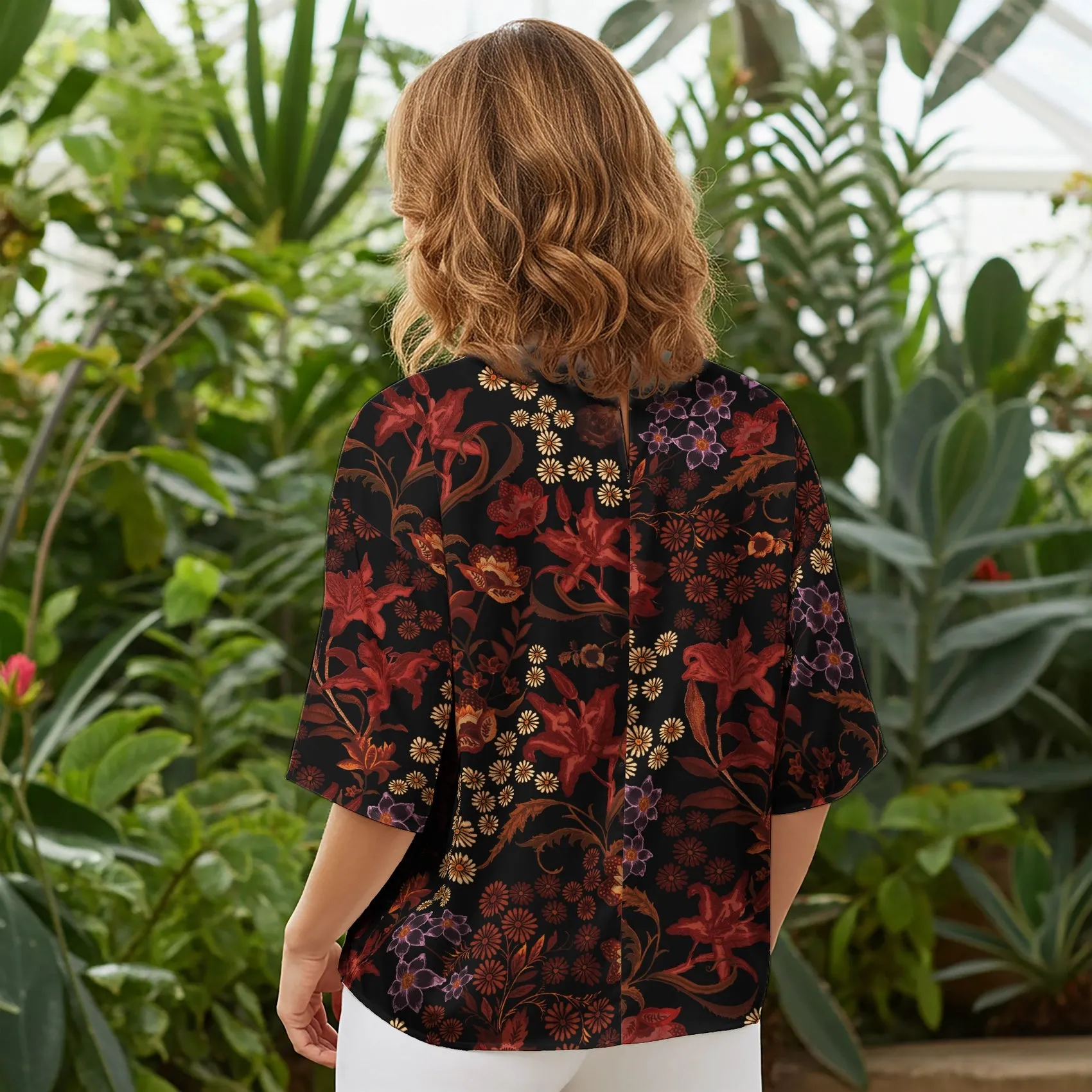 Women Casual Blouse Elbow Sleeve Round Neck Button-Back 100% Lyocell Red Aloha Dark Floral Legend sold by Yiume product image thumbnail 2