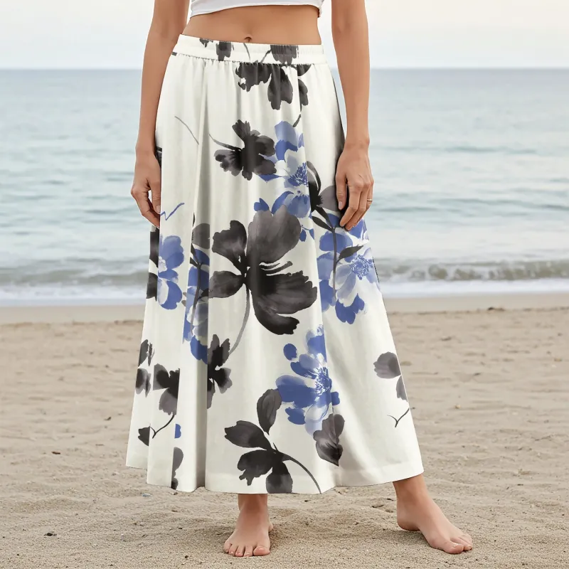 Women Casual Maxi Skirt Long Elastic Waist with Pockets 100% Cotton Blue Aloha Ink Blue Floral Elegance sold by Yiume