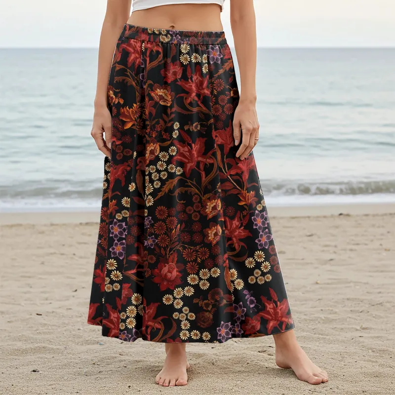 Women Casual Maxi Skirt Long Elastic Waist with Pockets 100% Cotton Red Aloha Dark Floral Legend sold by Yiume