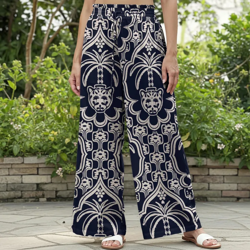 Women Casual Floral Wide Leg Palazzo Pants Lounge Elastic Waist Drawstring with Pockets 100% Cotton Beige Aloha Tropical Satin Charm sold by Yiume