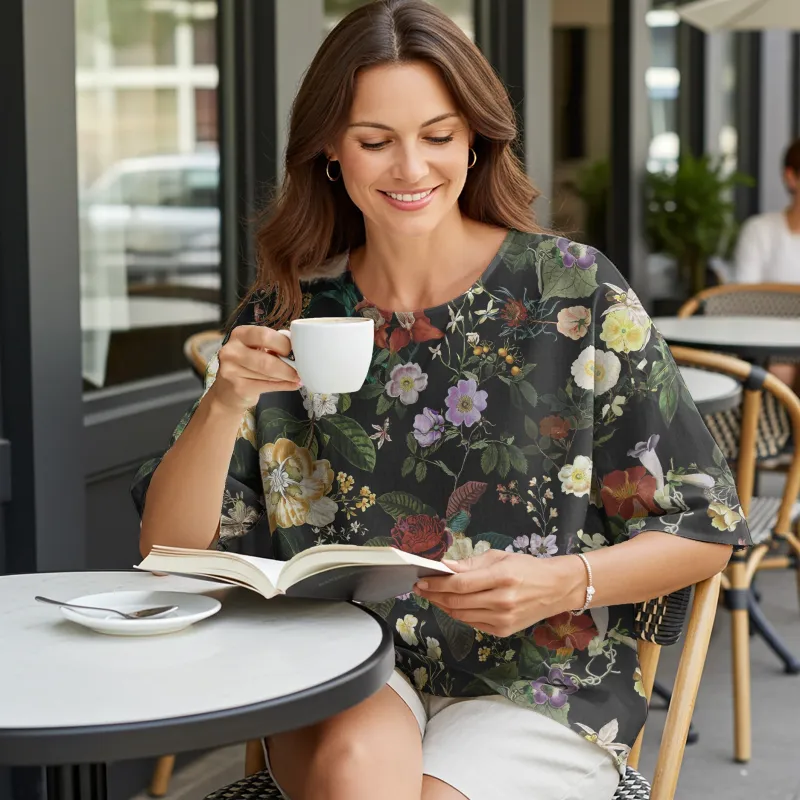 Women Casual Blouse Elbow Sleeve Round Neck Button-Back 95% Lyocell, 5% Linen Black Aloha Night Banquet Blossoms sold by Yiume