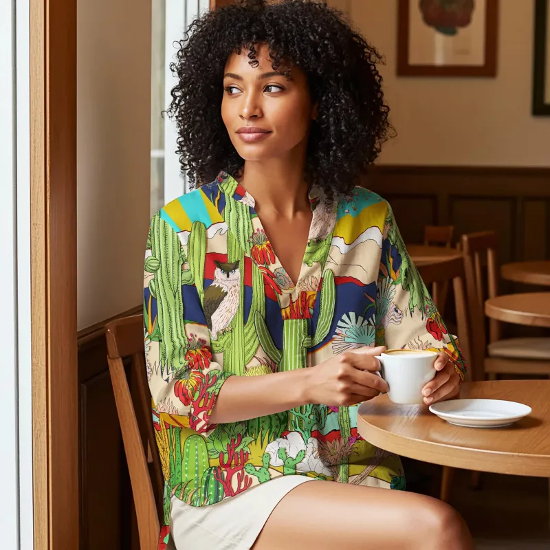 Women Casual Blouse 3/4 Sleeve V-neck Shirt Collar 95% Lyocell, 5% Linen Green Aloha Sunlit Desert Tales sold by Yiume