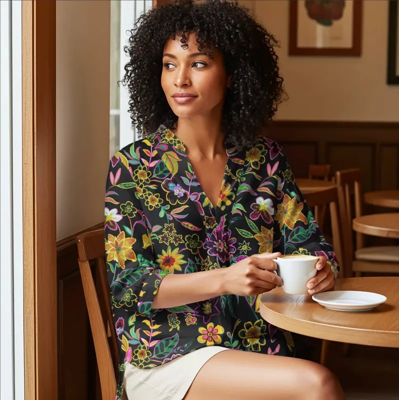 Women Casual Blouse 3/4 Sleeve V-neck Shirt Collar 95% Lyocell, 5% Linen Green Aloha Enchanted Garden Fantasia By Huan huan made by Yiume