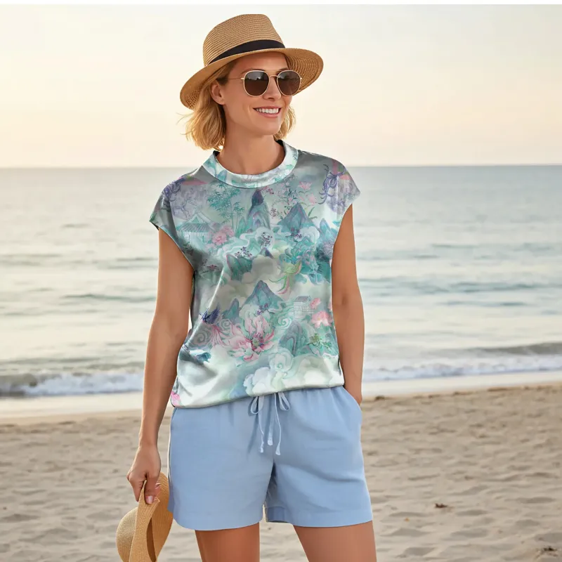 Women Casual Blouse Cap Sleeve Fold-Over Neck 100% Lyocell Blue Aloha Painted Scroll Of The Celestial Garden Button-Back sold by Yiume