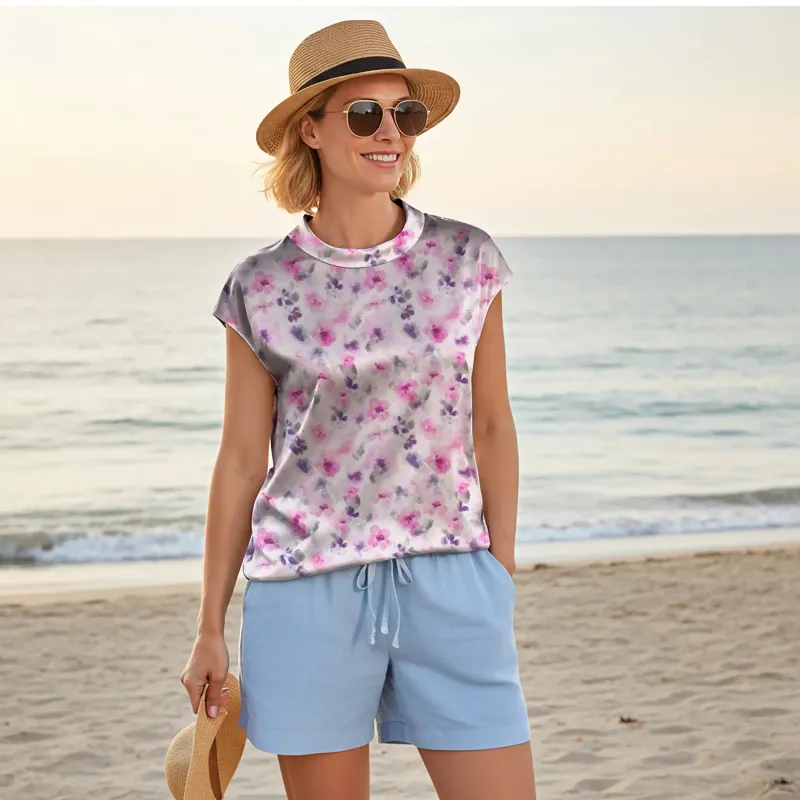 Women Casual Blouse Cap Sleeve Fold-Over Neck 100% Lyocell Aloha Misty Floral Haven Button-Back sold by Yiume