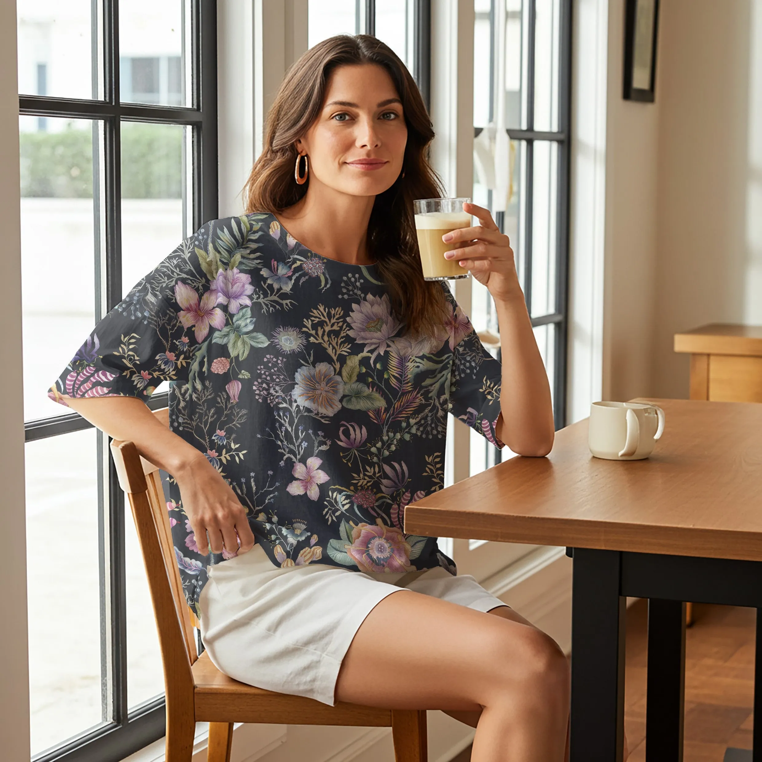 Women Casual Blouse 3/4 Sleeve Round Neck 95% Lyocell, 5% Linen Blue Aloha Night Blossom Dream sold by Yiume product image thumbnail 2