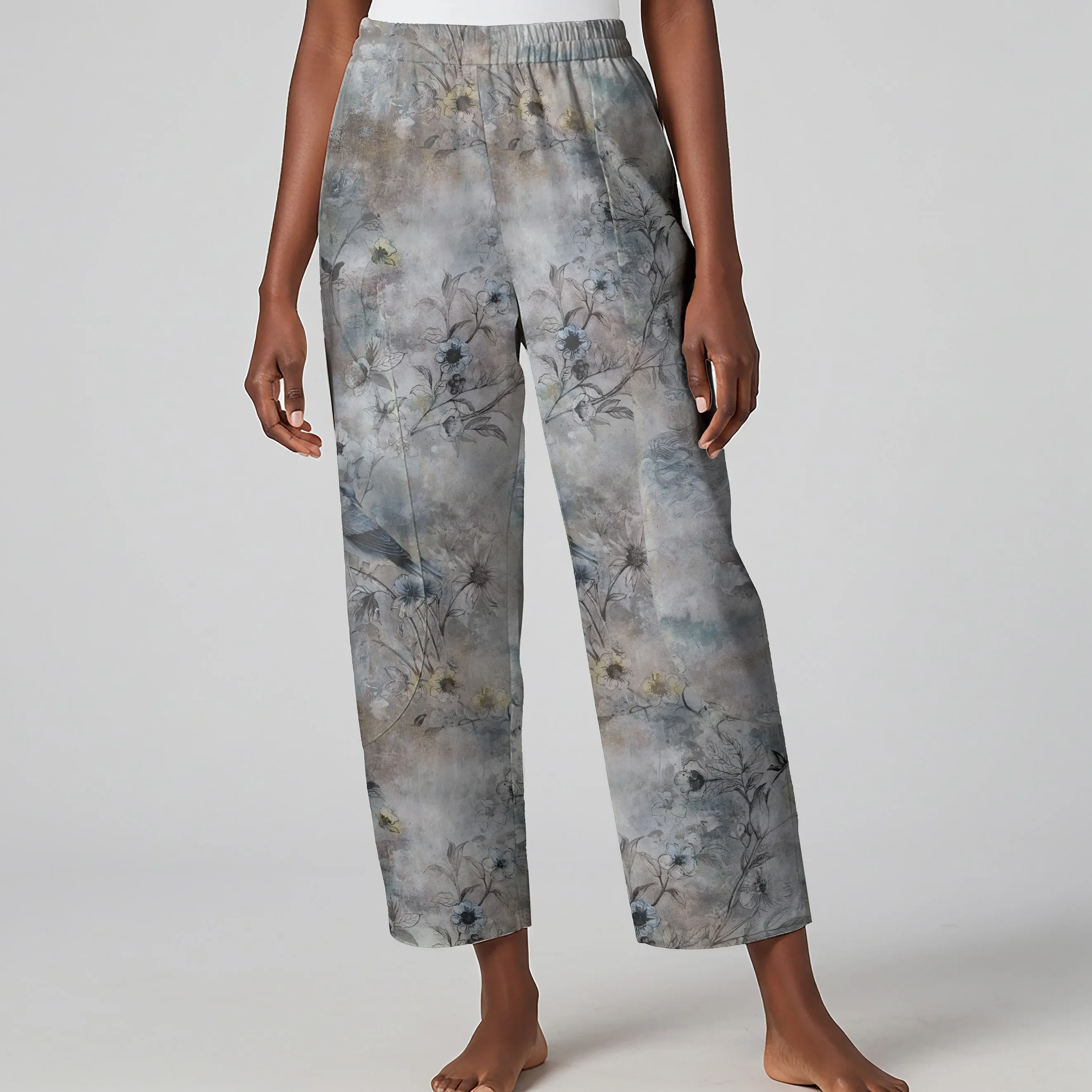 Women Casual Ankle Pants Lounge Elastic Waist with Pockets 93% Lyocell, 7% Linen Gray Aloha Floral Silhouettes And Birds In Solid Colors sold by Yiume