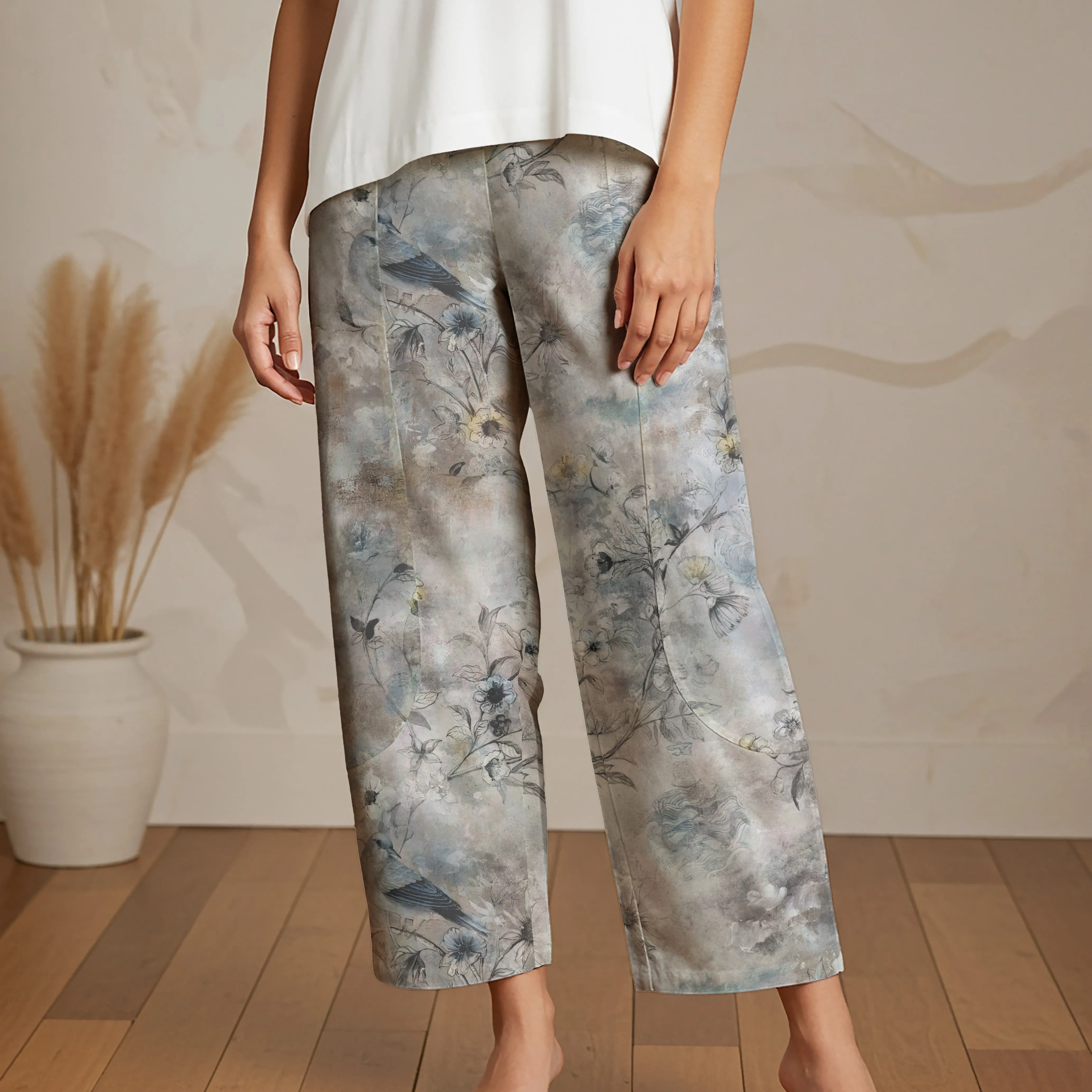 Women Casual Ankle Pants Lounge Elastic Waist with Pockets 93% Lyocell, 7% Linen Gray Aloha Floral Silhouettes And Birds In Solid Colors sold by Yiume product image thumbnail 2