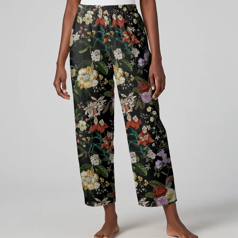 Women Casual Ankle Pants Lounge Elastic Waist with Pockets 93% Lyocell, 7% Linen Black Aloha Night Banquet Blossoms sold by Yiume