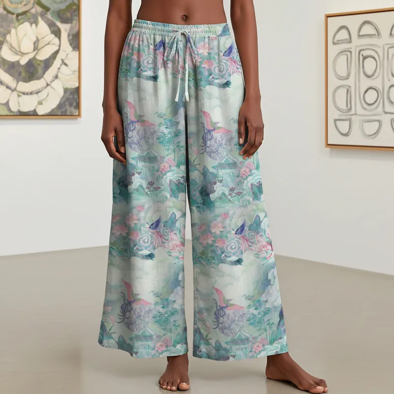 Women Casual Floral Wide Leg Pants Lounge Elastic Waist Drawstring with Pockets 93% Lyocell, 7% Linen Blue Aloha Painted Scroll Of The Celestial Garden sold by Yiume