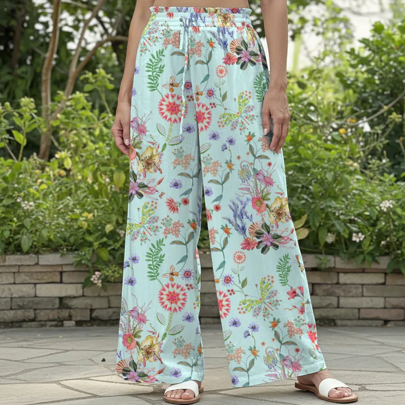 Women Casual Floral Wide Leg Palazzo Pants Lounge Elastic Waist Drawstring with Pockets 100% Cotton Green Aloha Spring Blossoms And Butterflies Dancing Painting made by Yiume