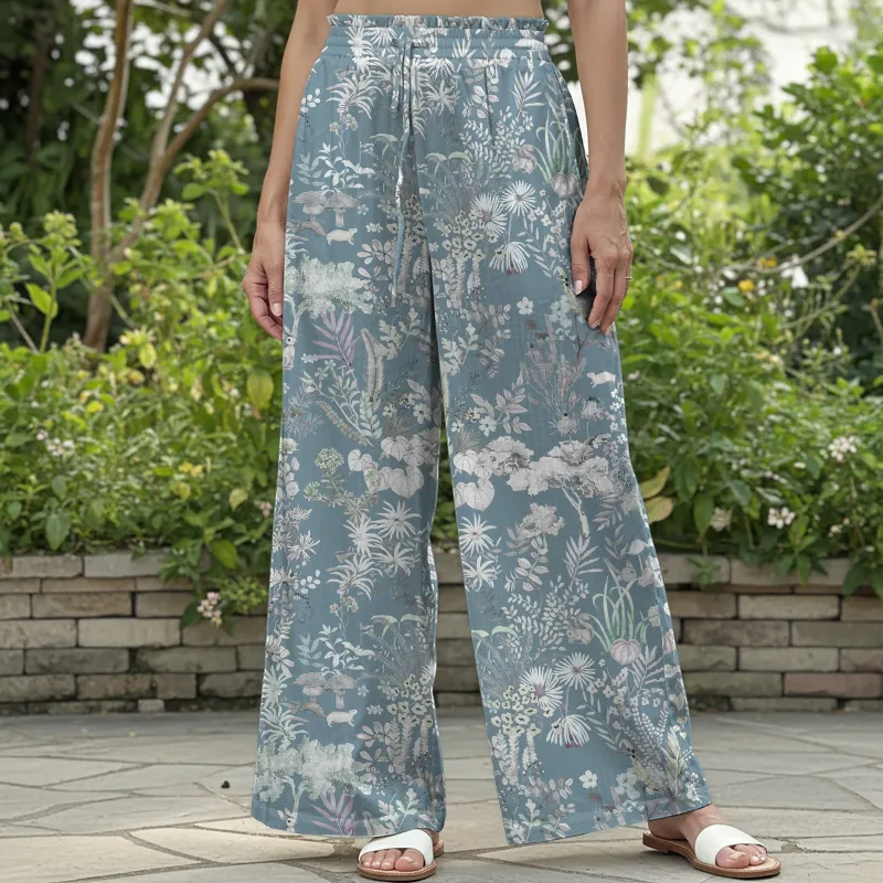 Women Casual Floral Wide Leg Palazzo Pants Lounge Elastic Waist Drawstring with Pockets 100% Cotton Blue Aloha Enigmatic Azure Wonderland sold by Yiume