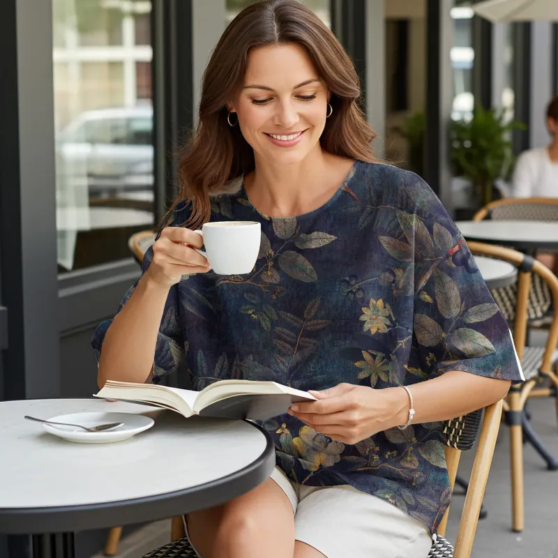 Women Casual Blouse Elbow Sleeve Round Neck Button-Back 95% Lyocell, 5% Linen Green Aloha Atmospheric Plant Whispers sold by Yiume