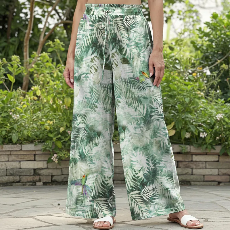Women Casual Floral Wide Leg Palazzo Pants Lounge Elastic Waist Drawstring with Pockets 100% Cotton Green Aloha Tropical Aviary Paradise sold by Yiume