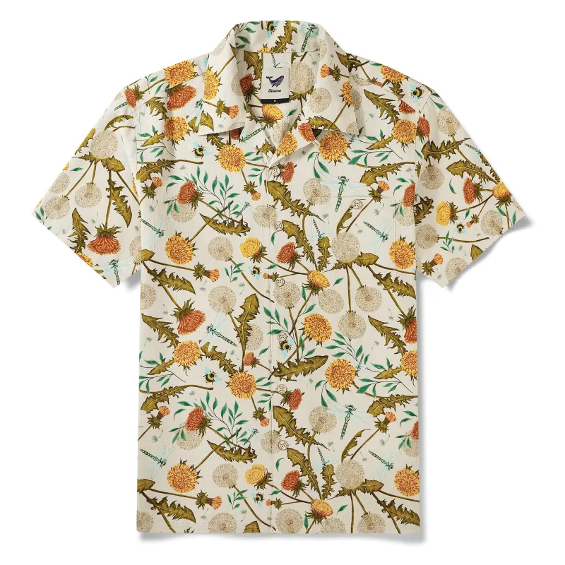 Men's Hawaiian Shirt Short Sleeve Camp Collar 100% Silk Yellow Aloha Dandelions And Dragonflies By Silver Steer Design sold by Yiume