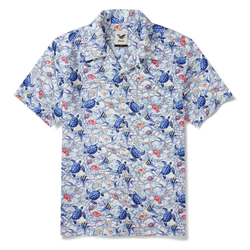 Men's Hawaiian Shirt Short Sleeve Camp Collar 100% Silk Blue Aloha A Sea Turtle's Odyssey sold by Yiume