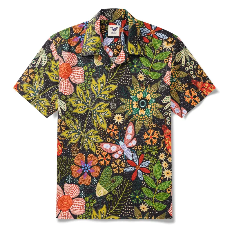 Men's Hawaiian Shirt Short Sleeve Camp Collar 100% Cotton Green Aloha Backyard Oasis sold by Yiume