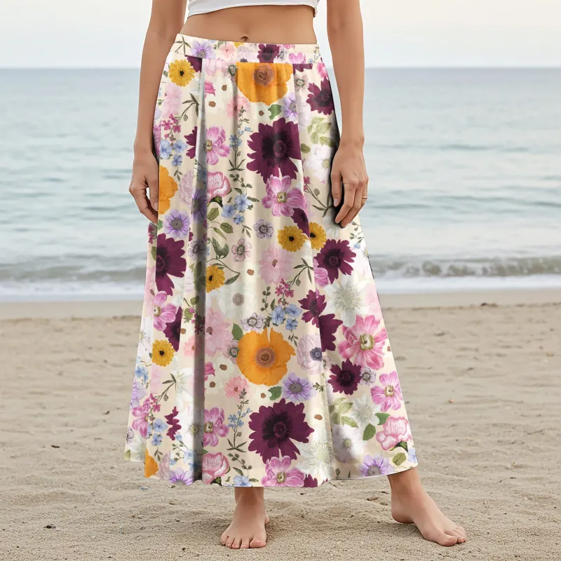 Women Casual Maxi Skirt Long Elastic Waist with Pockets 100% Cotton Purple Aloha Powdery Purple Allure sold by Yiume