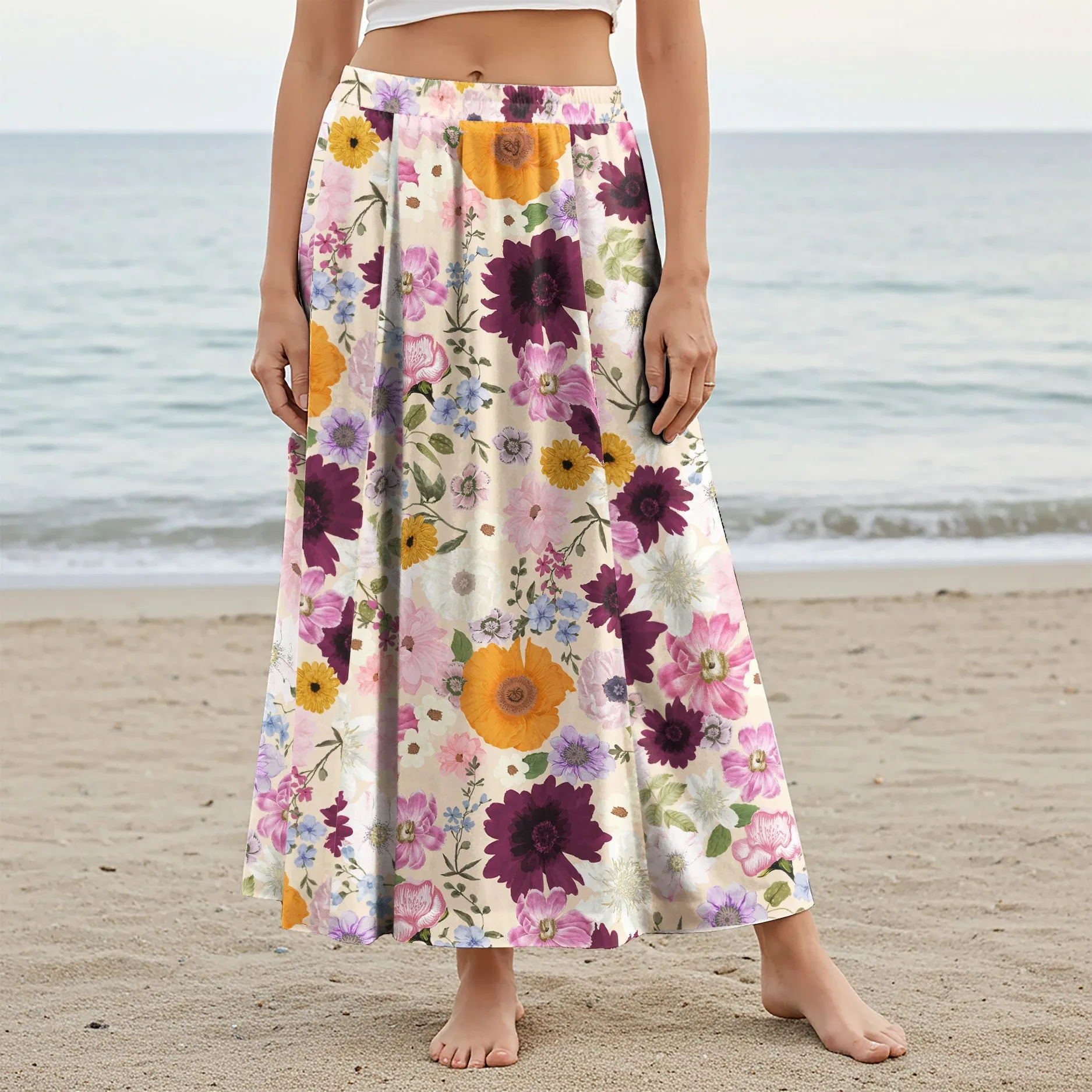 Women Casual Maxi Skirt Long Elastic Waist with Pockets 100% Cotton Purple Aloha Powdery Purple Allure sold by Yiume