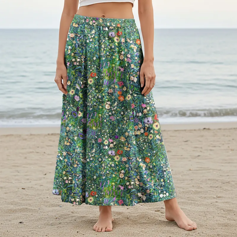 Women Casual Maxi Skirt Long Elastic Waist with Pockets 100% Cotton Green Aloha Artistic Garden sold by Yiume