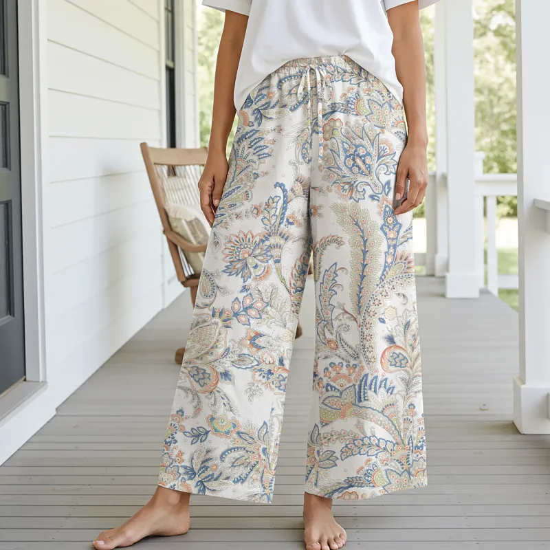 Women Casual Floral Wide Leg Pants Lounge Elastic Waist Drawstring with Pockets 93% Lyocell, 7% Linen Blue Aloha Powder Blue Paisley Charm By Patch made by Yiume