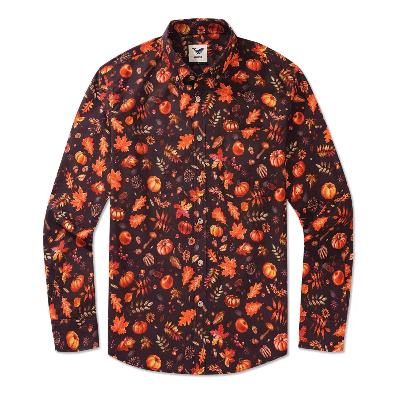 Men's Hawaiian Shirt Long Sleeve Button-down 100% Cotton Brown Aloha Autumn Harvest Festival sold by Yiume