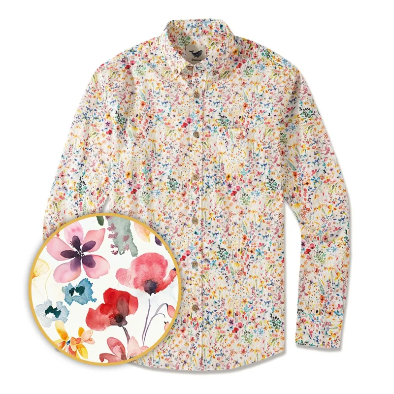 Men's Hawaiian Shirt Long Sleeve Button-down 100% Cotton Yellow Aloha Poetic Flower House sold by Yiume